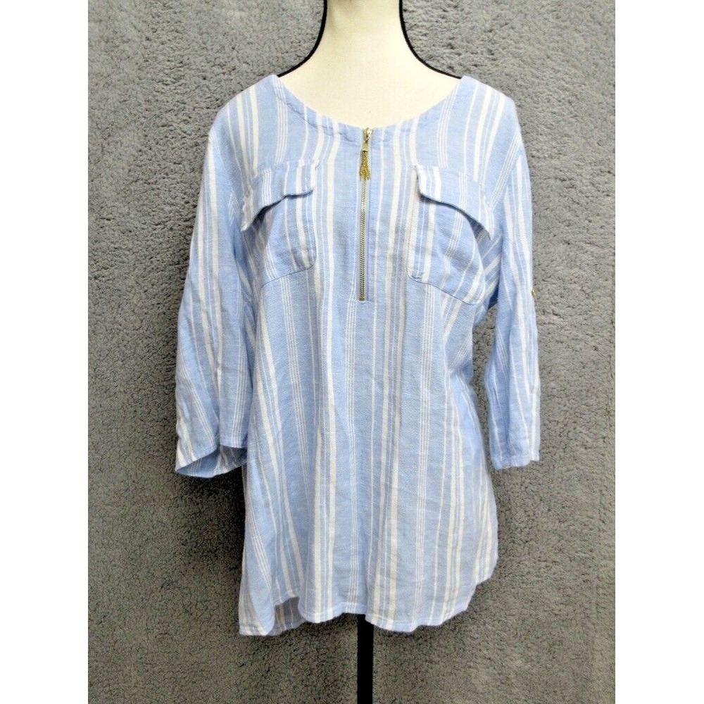 Ellen‎ Tracy Linen Blend Shirt Women M Blue Coastal Lagenlook Lightweight Breezy